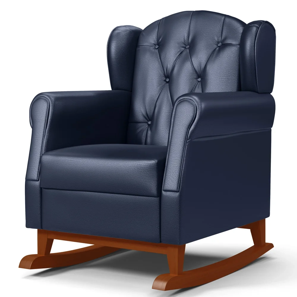 Kit 02 Poltronas Amamentação Base Madeira Balanço Lucy Z39 Sintético Azul Marinho - Mpozenato