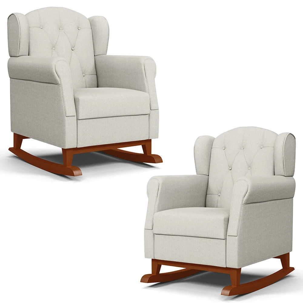 Kit 02 Poltronas Amamentação Base Madeira Balanço Lucy Z39 Linho Off White - Mpozenato