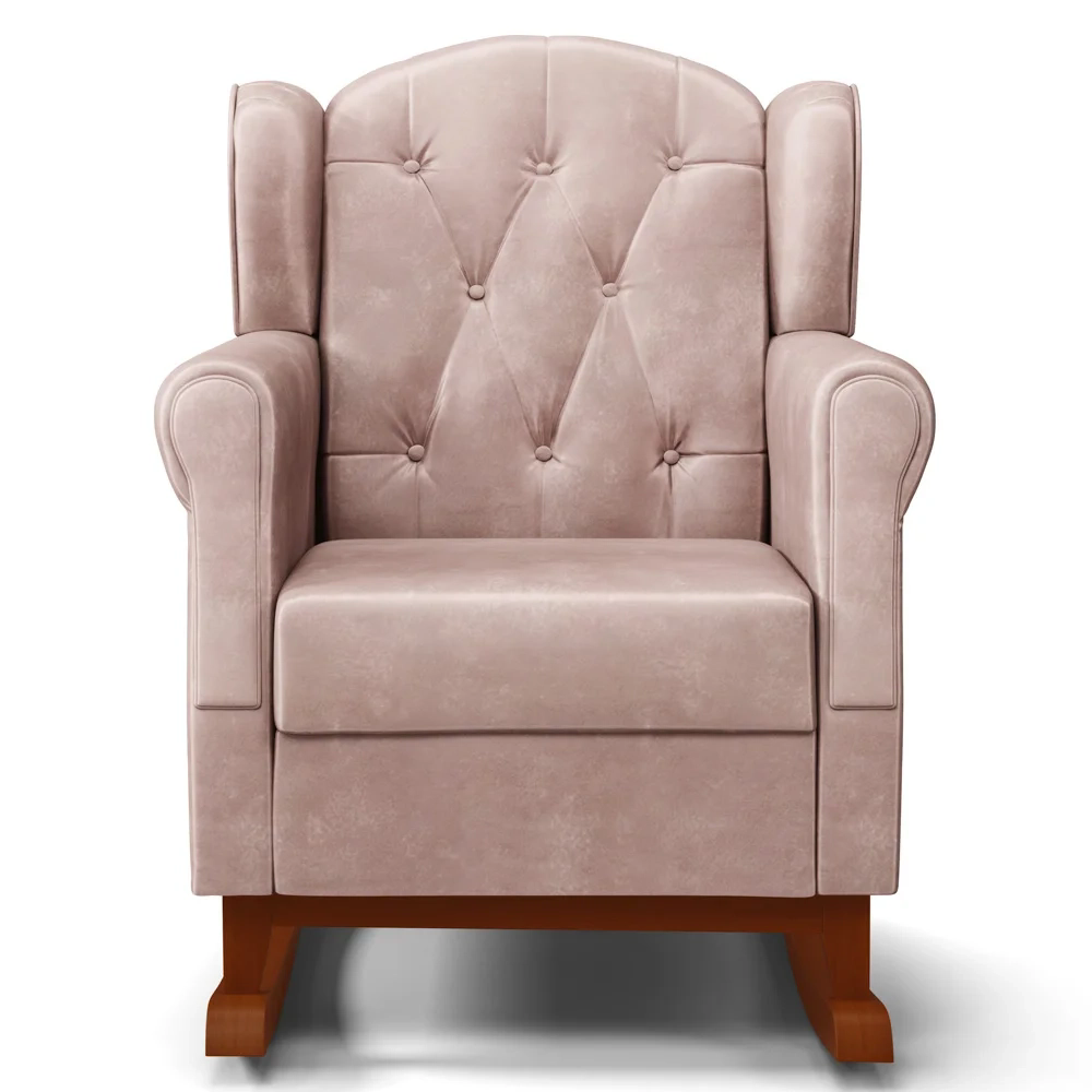 Kit 02 Poltronas Amamentação Base Madeira Balanço Lucy Z39 Veludo Rosê - Mpozenato