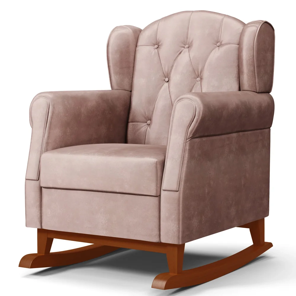 Kit 02 Poltronas Amamentação Base Madeira Balanço Lucy Z39 Veludo Rosê - Mpozenato