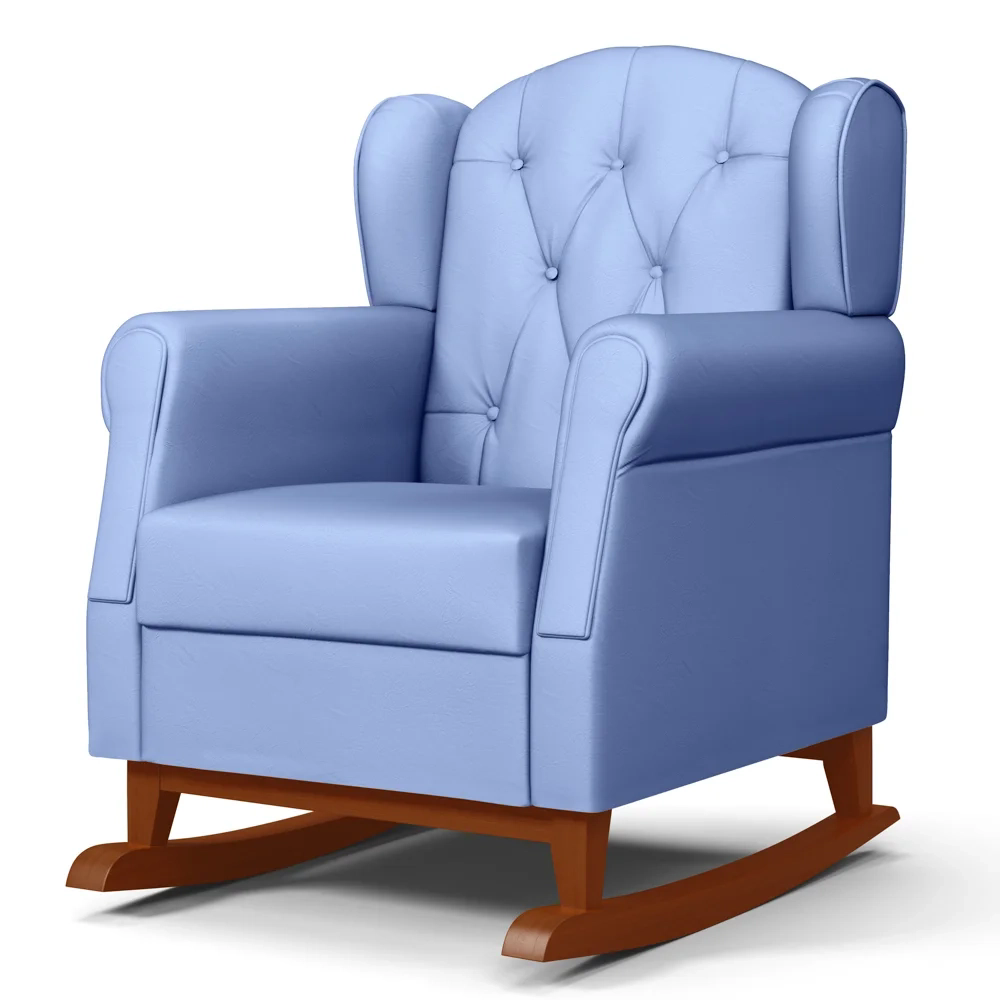 Poltrona Amamentação Base Madeira Balanço e Puff Lucy Z39 Sintético Azul - Mpozenato