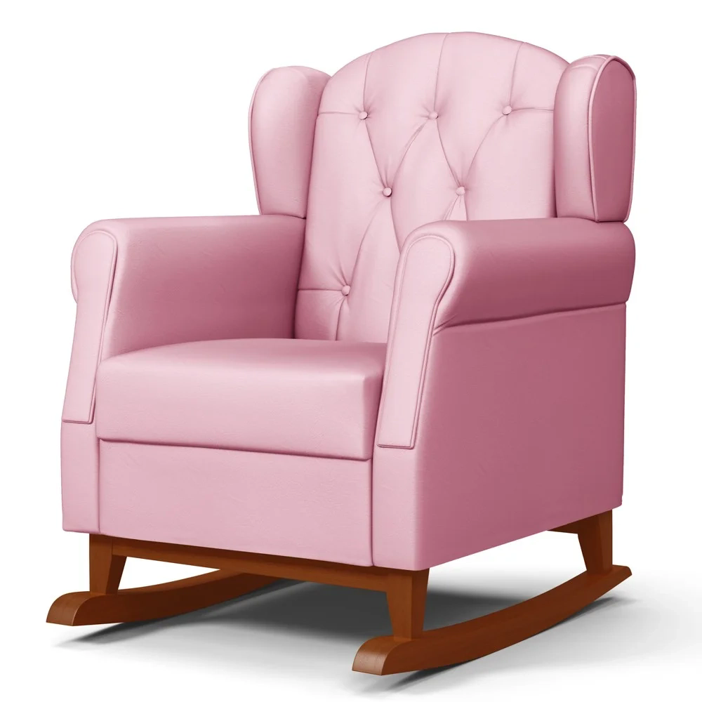 Poltrona Amamentação Base Madeira Balanço e Puff Lucy Z39 Sintético Rosa - Mpozenato