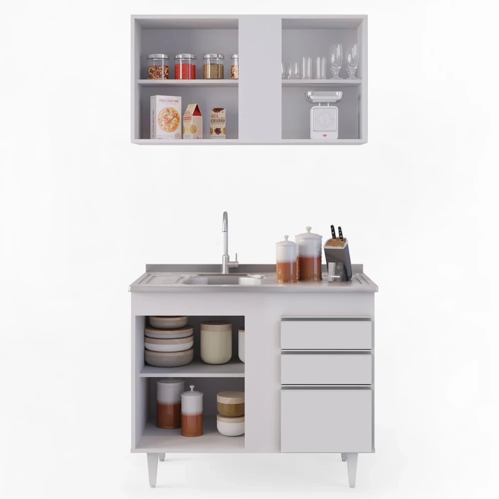 Armário Aéreo Indiana e Balcão Gabinete 100cm com Pia Inox Luziania Branco - Lumil