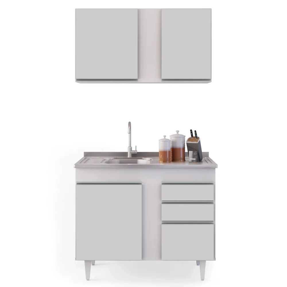 Armário Aéreo Indiana e Balcão Gabinete 100cm com Pia Inox Luziania Branco - Lumil
