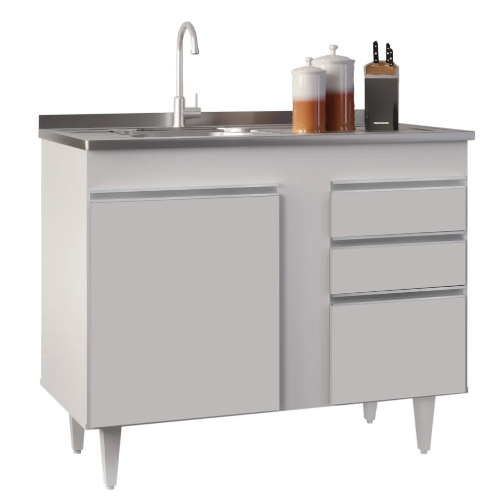 Armário Aéreo Indiana e Balcão Gabinete 100cm com Pia Inox Luziania Branco - Lumil