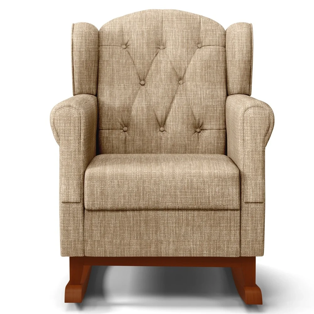 Poltrona Amamentação Base Madeira Balanço e Puff Lucy Z39 Linho Bege Escuro - Mpozenato