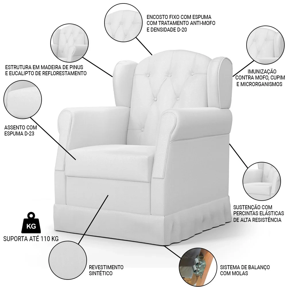 Poltrona de Amamentação Balanço e Puff Lucy Z39 Sintético Branco - Mpozenato