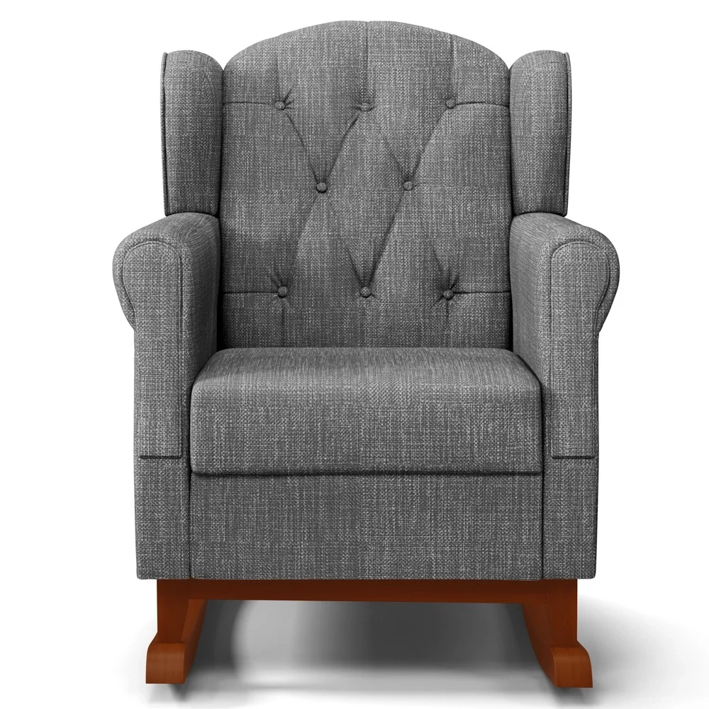 Poltrona Amamentação Base Madeira Balanço e Puff Lucy Z39 Linho Cinza Escuro - Mpozenato