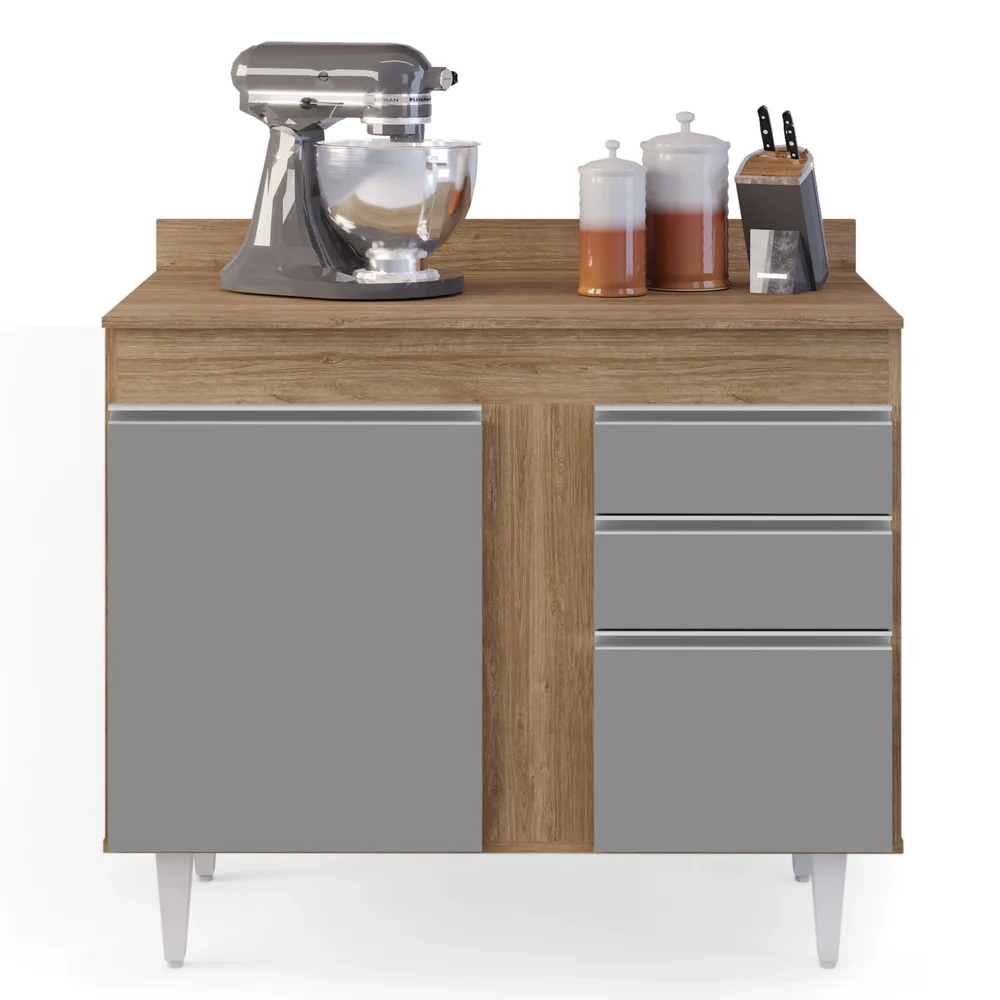 Balcão Gabinete 100cm com Tampo 2 Portas Luziania Castanho/Cinza - Lumil