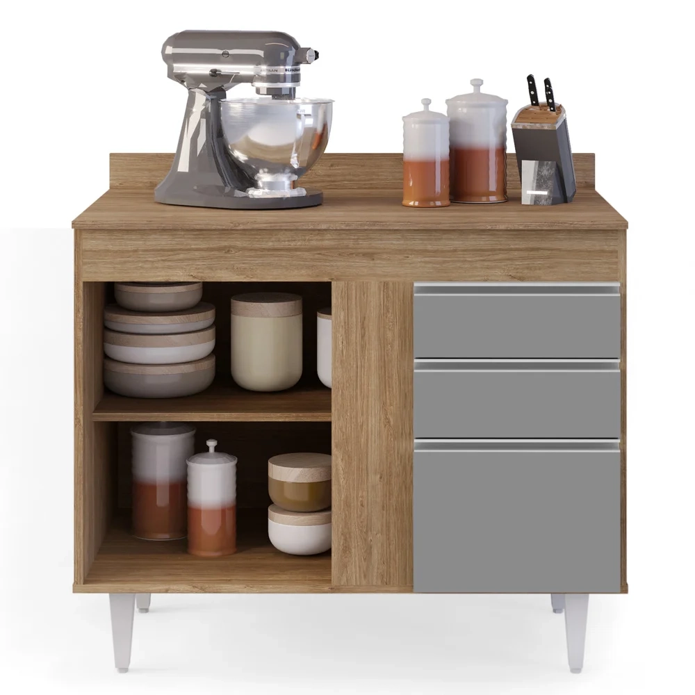 Balcão Gabinete 100cm com Tampo 2 Portas Luziania Castanho/Cinza - Lumil