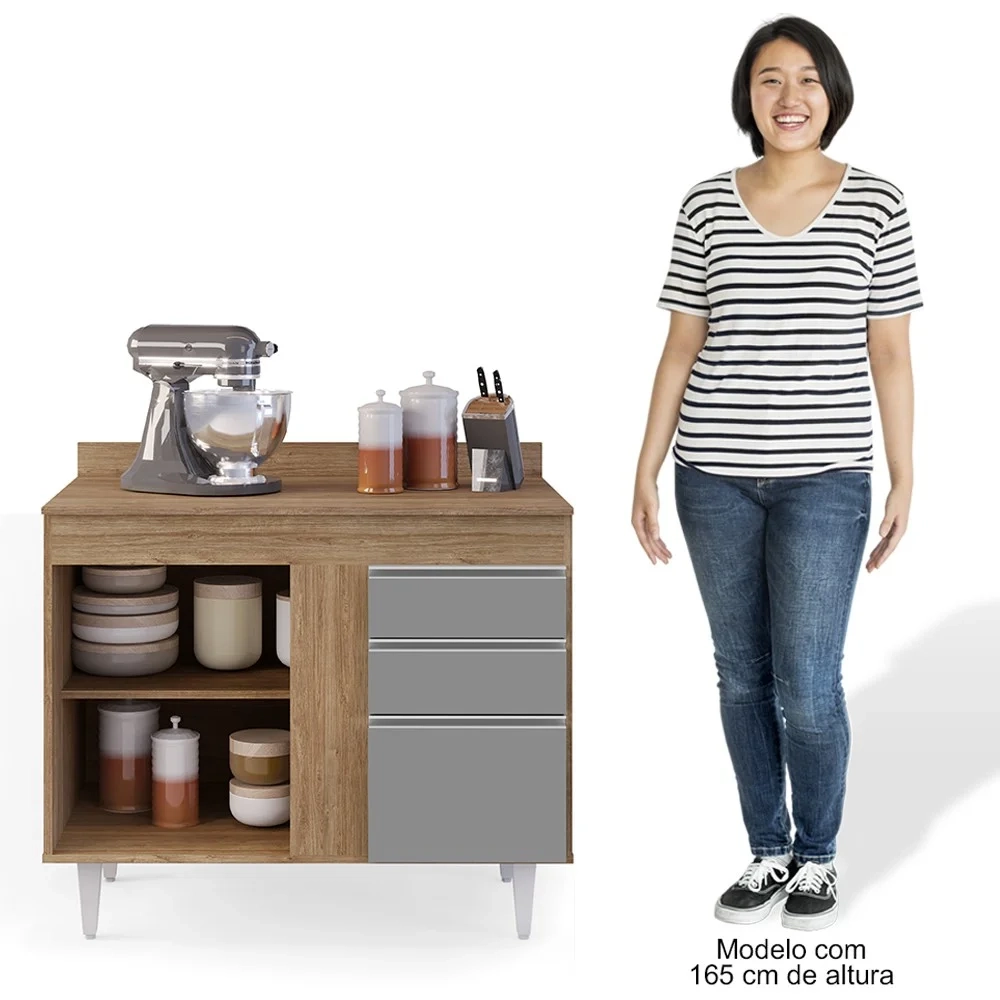 Balcão Gabinete 100cm com Tampo 2 Portas Luziania Castanho/Cinza - Lumil