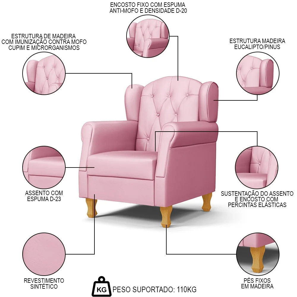 Poltrona de Amamentação com Pés de Madeira Lucy Z39 Sintético Rosa - Mpozenato