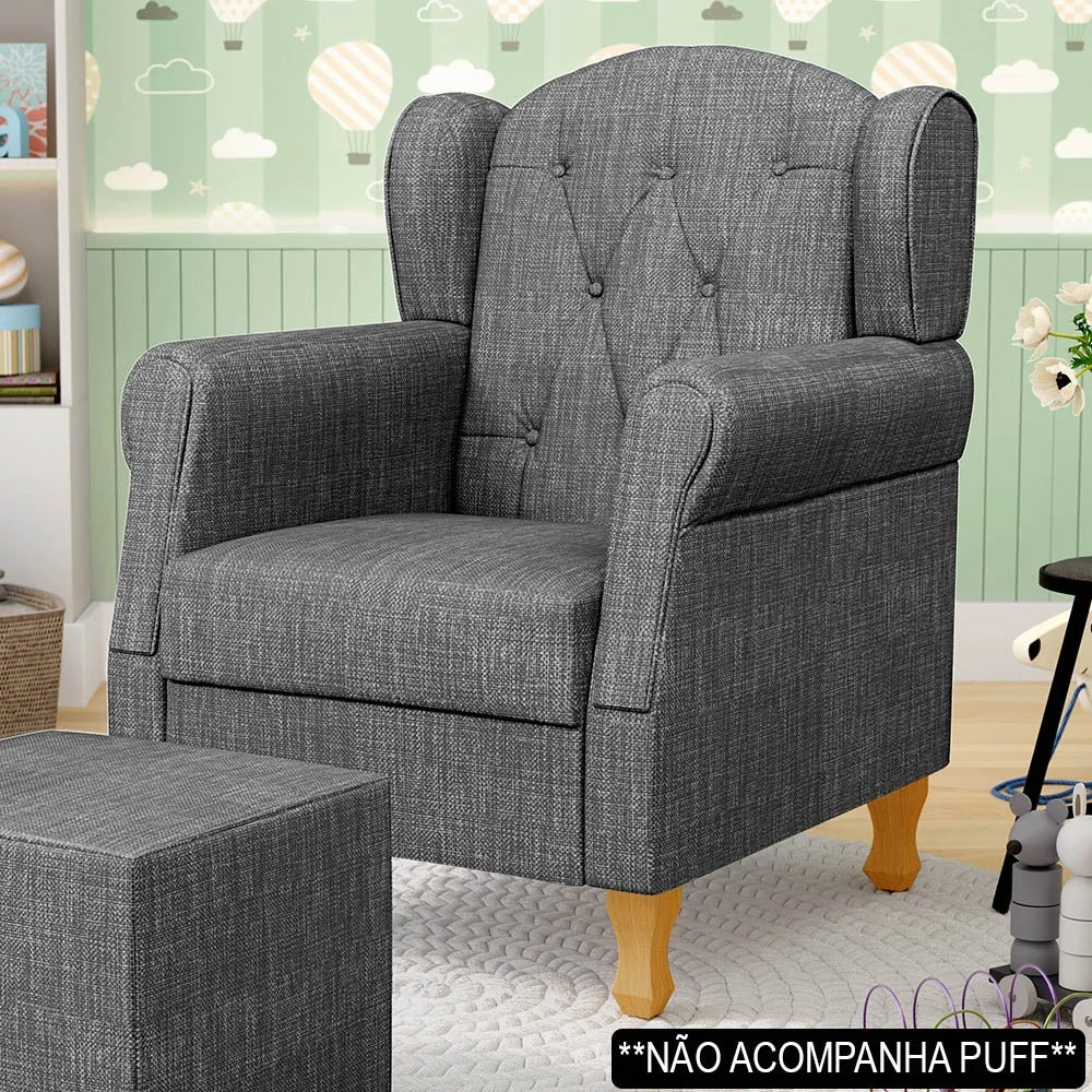 Poltrona de Amamentação com Pés de Madeira Lucy Z39 Linho Cinza Escuro - Mpozenato