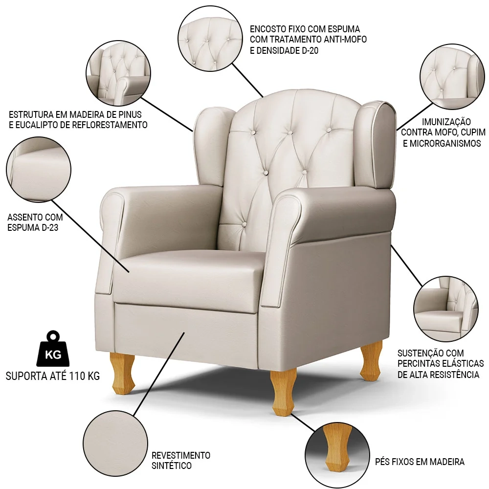 Kit 02 Poltronas de Amamentação Pés Madeira Lucy Z39 Sintético Bege - Mpozenato
