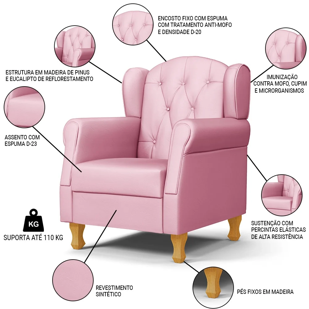 Kit 02 Poltronas de Amamentação Pés Madeira Lucy Z39 Sintético Rosa - Mpozenato