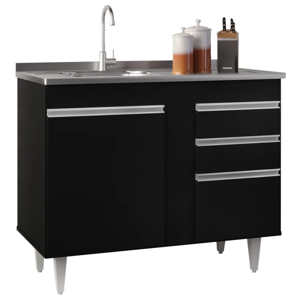 Armário Aéreo Indiana e Balcão Gabinete 100cm com Pia Inox Luziania Preto - Lumil