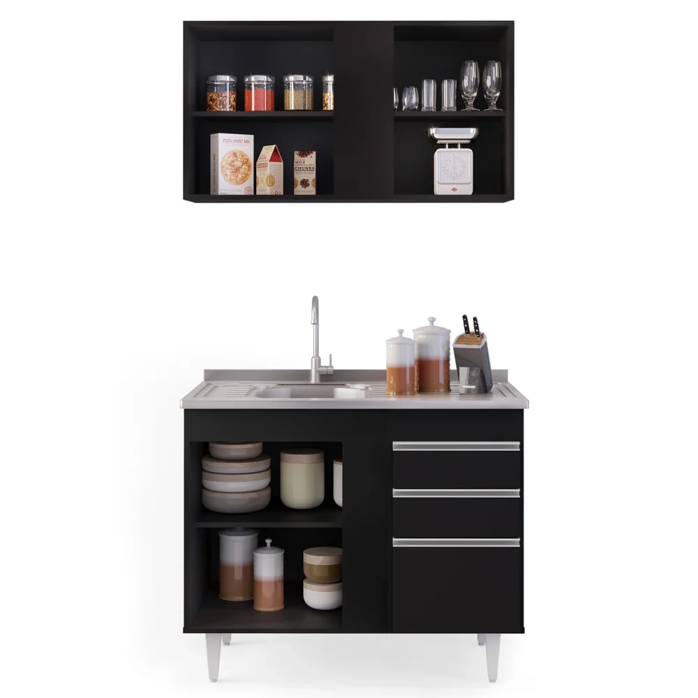 Armário Aéreo Indiana e Balcão Gabinete 100cm com Pia Inox Luziania Preto - Lumil