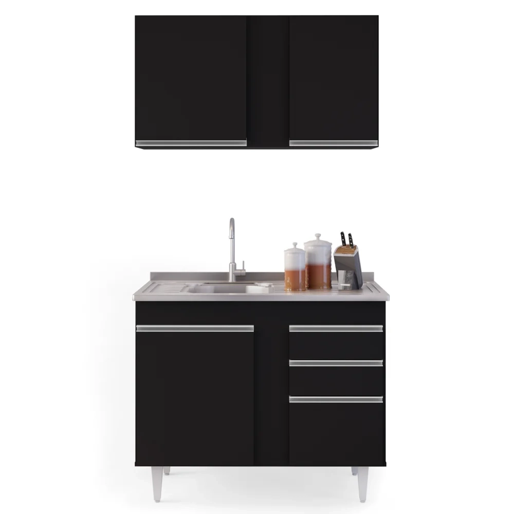 Armário Aéreo Indiana e Balcão Gabinete 100cm com Pia Inox Luziania Preto - Lumil