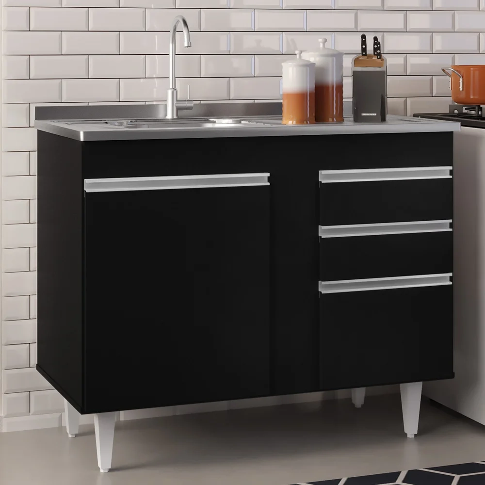 Armário Aéreo Indiana e Balcão Gabinete 100cm com Pia Inox Luziania Preto - Lumil