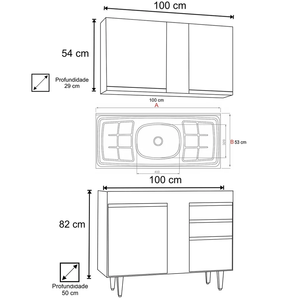 Armário Aéreo Indiana e Balcão Gabinete 100cm com Pia Inox Luziania Preto - Lumil