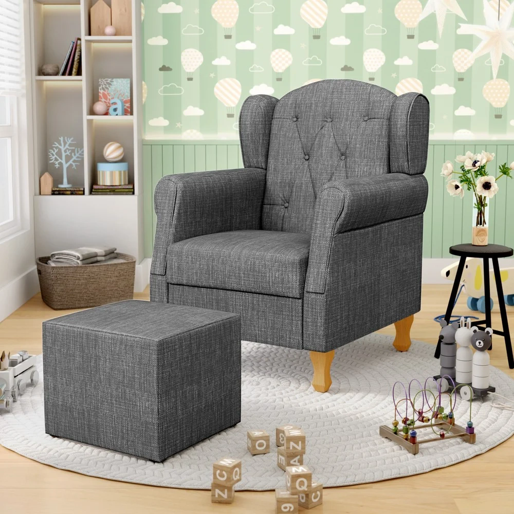 Poltrona de Amamentação Pés Madeira e Puff Lucy Z39 Linho Cinza Escuro - Mpozenato