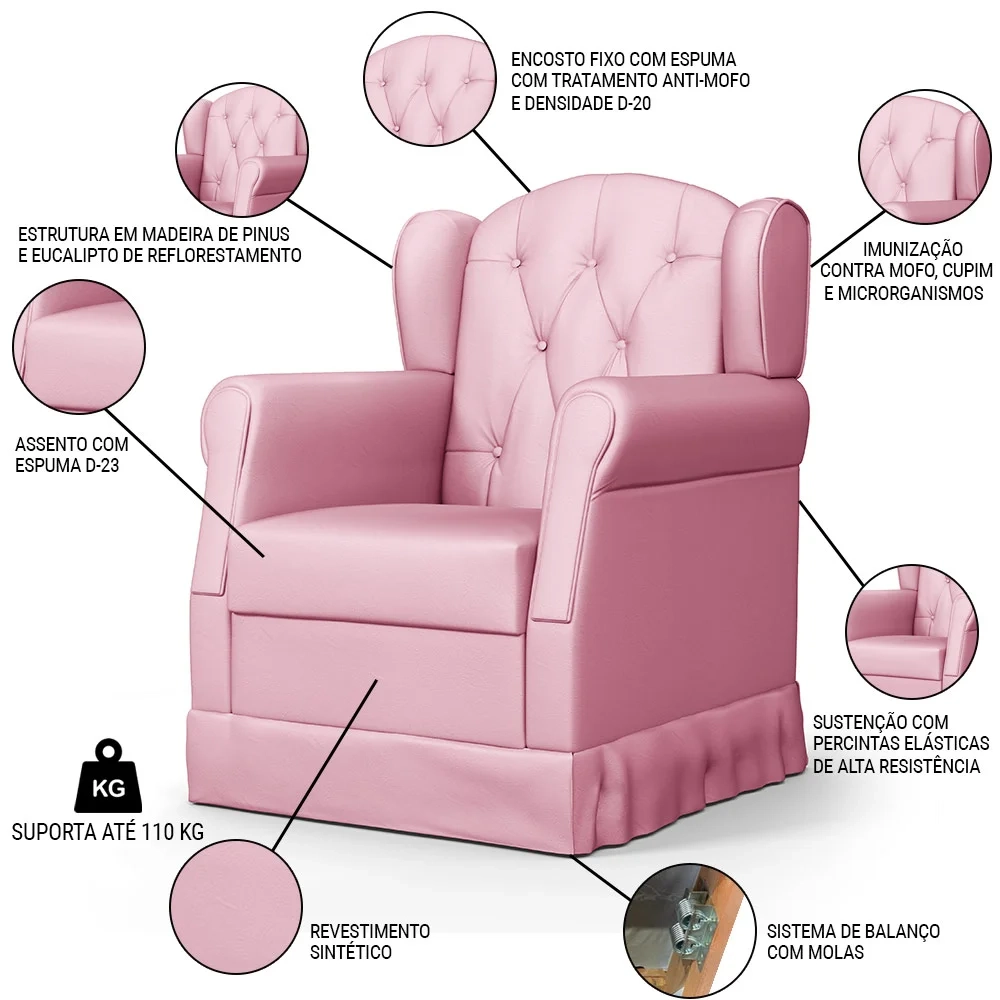 Poltrona de Amamentação Balanço e Puff Lucy Z39 Sintético Rosa - Mpozenato