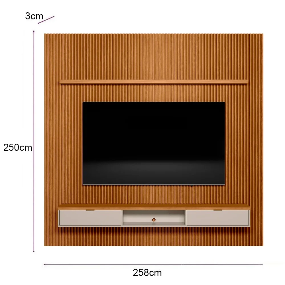 Painel Ripado para TV 75 Pol. com Bancada 258cm Prime Plus L06 Nature/Off White - Mpozenato