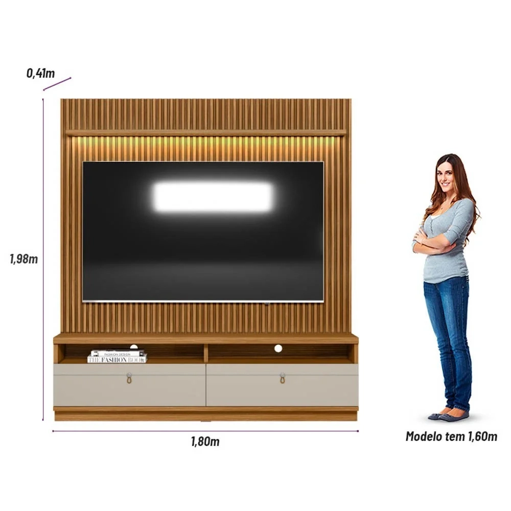 Rack com Painel Ripado para TV 75 Pol. 180cm Golden L06 Nature/Off White - Mpozenato