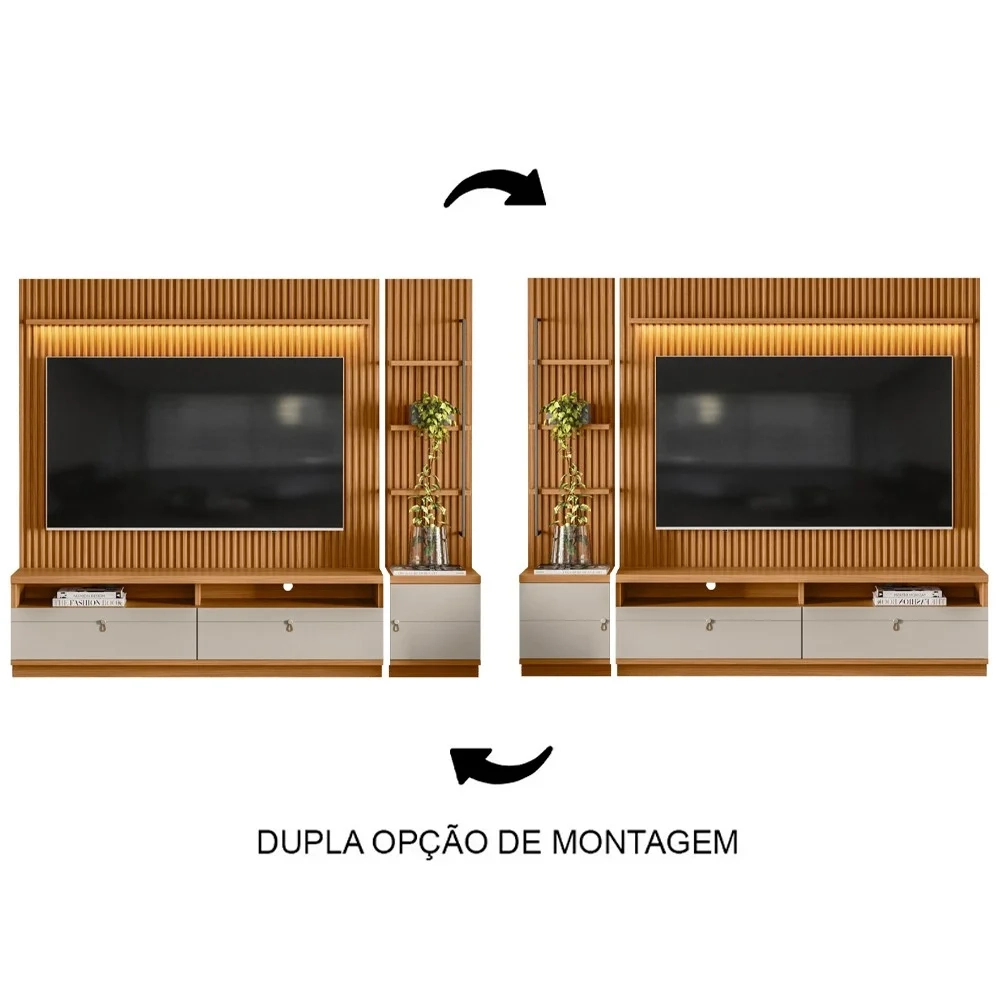 Rack com Painel Ripado para TV 75 Pol. 224cm Golden L06 Nature/Off White - Mpozenato