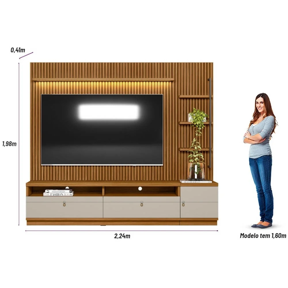 Rack com Painel Ripado para TV 75 Pol. 224cm Golden L06 Nature/Off White - Mpozenato
