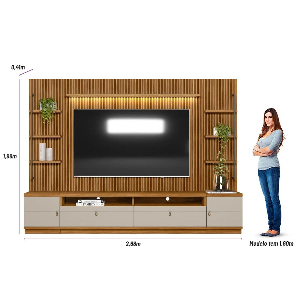 Rack com Painel Ripado para TV 75 Pol. 268cm Golden L06 Nature/Off White - Mpozenato