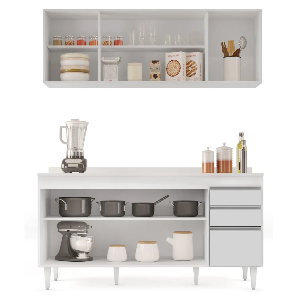 Armário Aéreo Nevada e Balcão para Pia com Tampo 160cm Arkansas Branco - Lumil