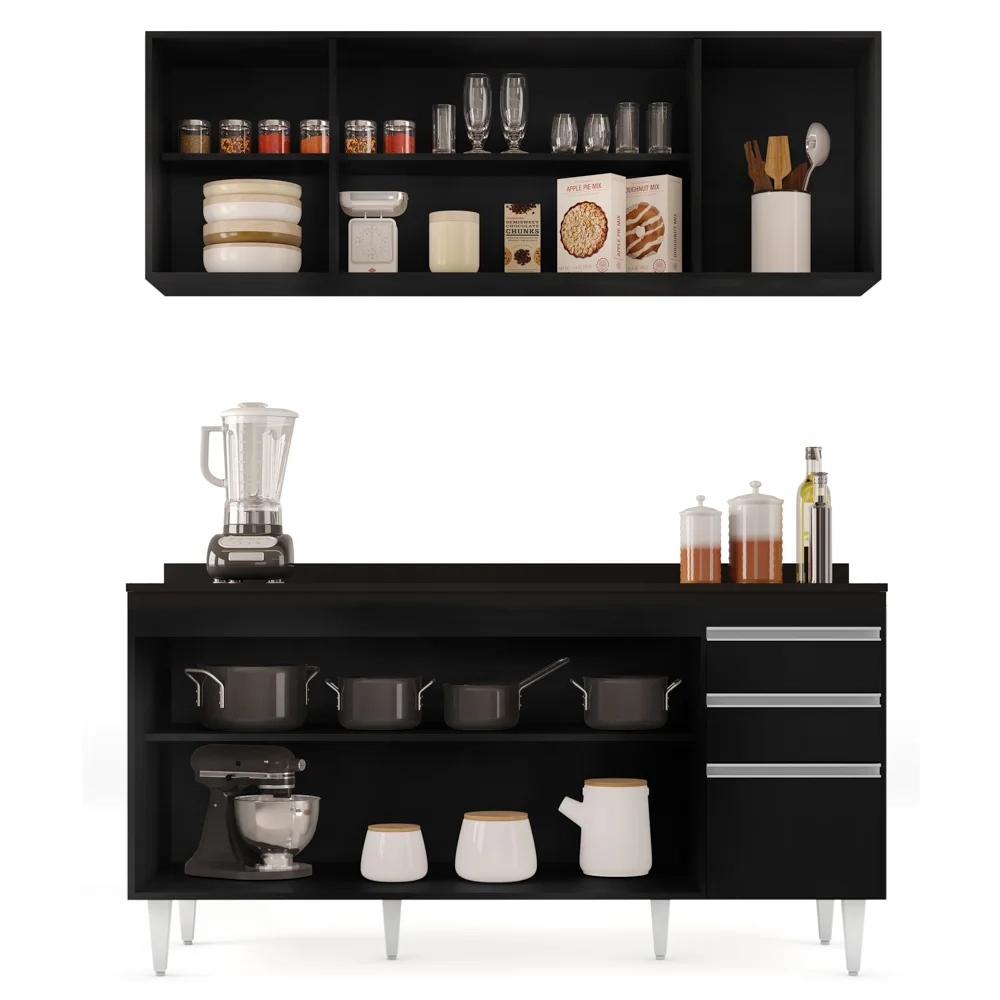 Armário Aéreo Nevada e Balcão para Pia com Tampo 160cm Arkansas Preto - Lumil