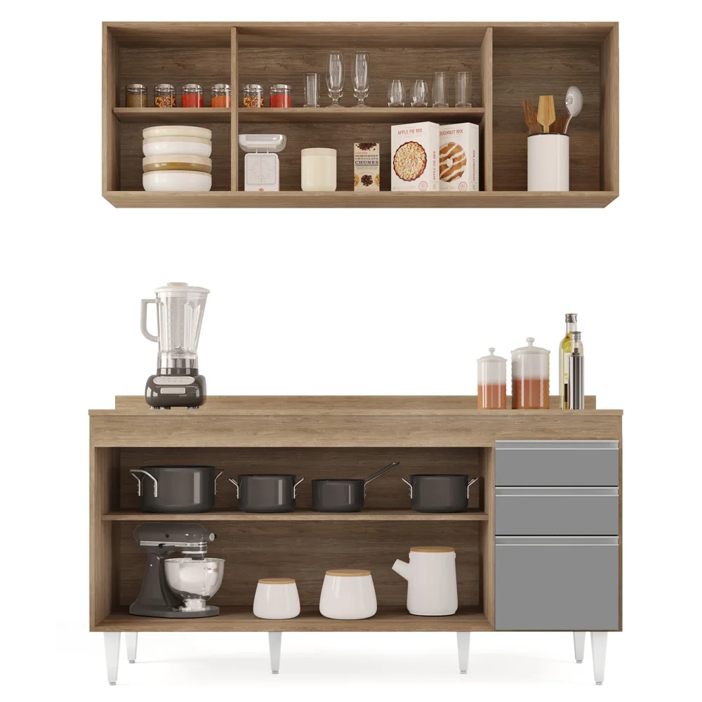 Armário Aéreo Nevada e Balcão para Pia com Tampo 160cm Arkansas Castanho/Cinza - Lumil