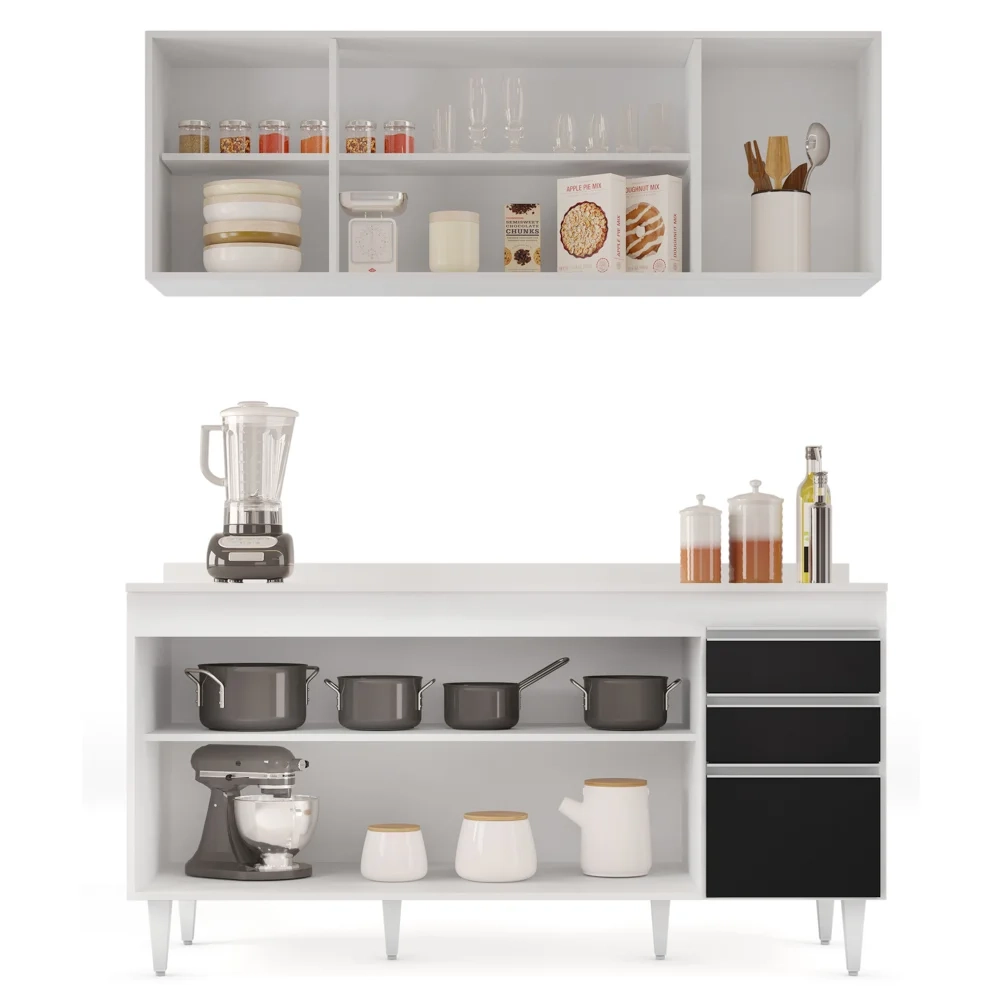 Armário Aéreo Nevada e Balcão para Pia com Tampo 160cm Arkansas Branco/Preto - Lumil