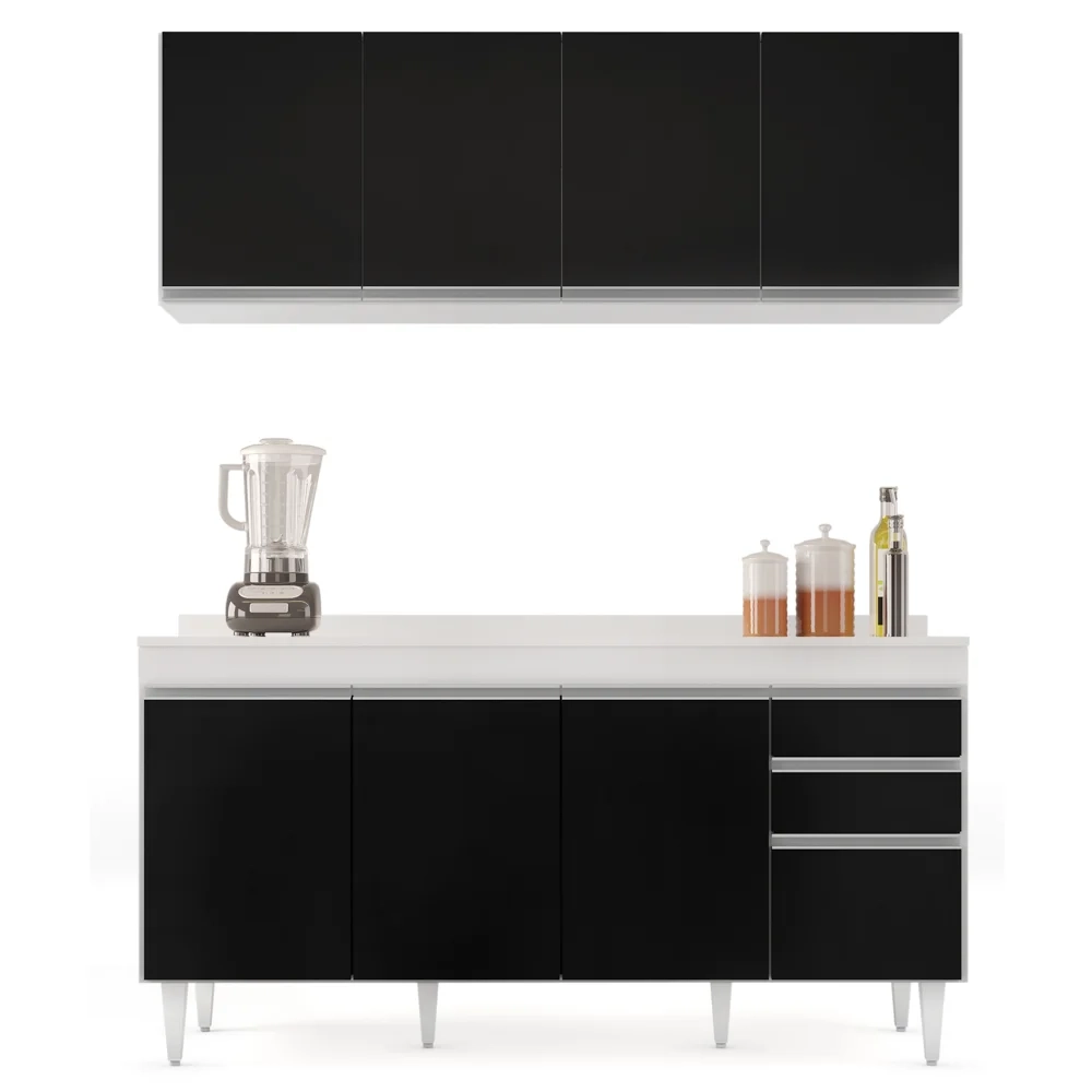 Armário Aéreo Nevada e Balcão para Pia com Tampo 160cm Arkansas Branco/Preto - Lumil