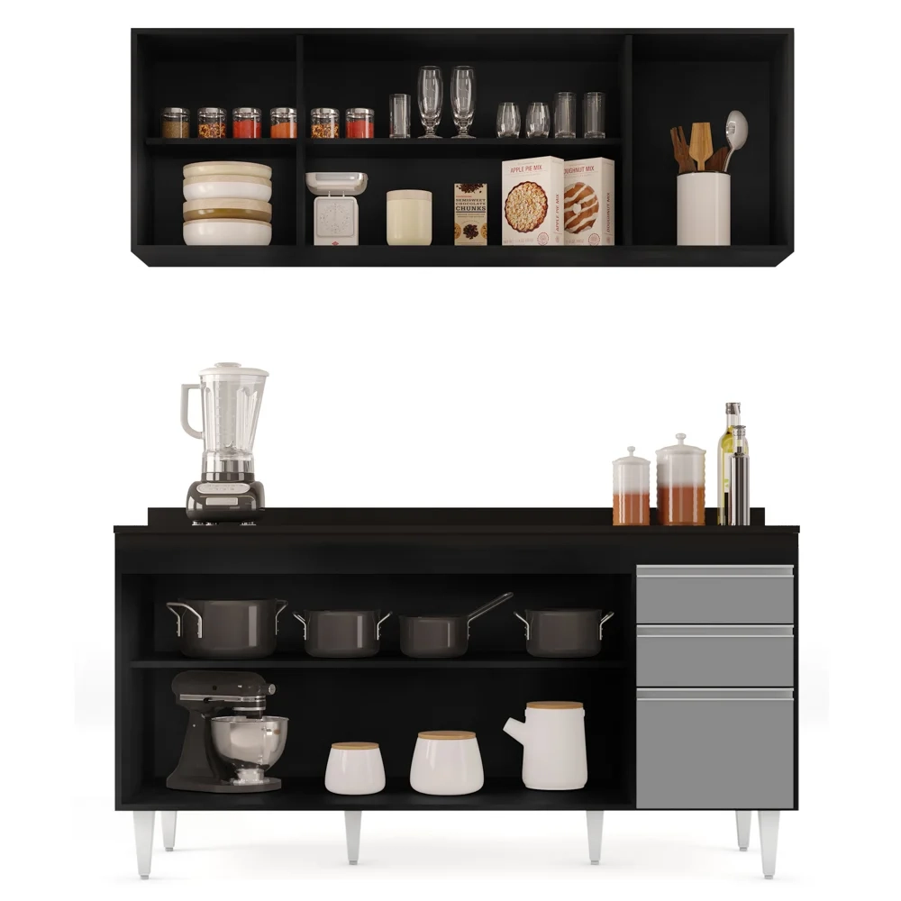 Armário Aéreo Nevada e Balcão para Pia com Tampo 160cm Arkansas Preto/Cinza - Lumil