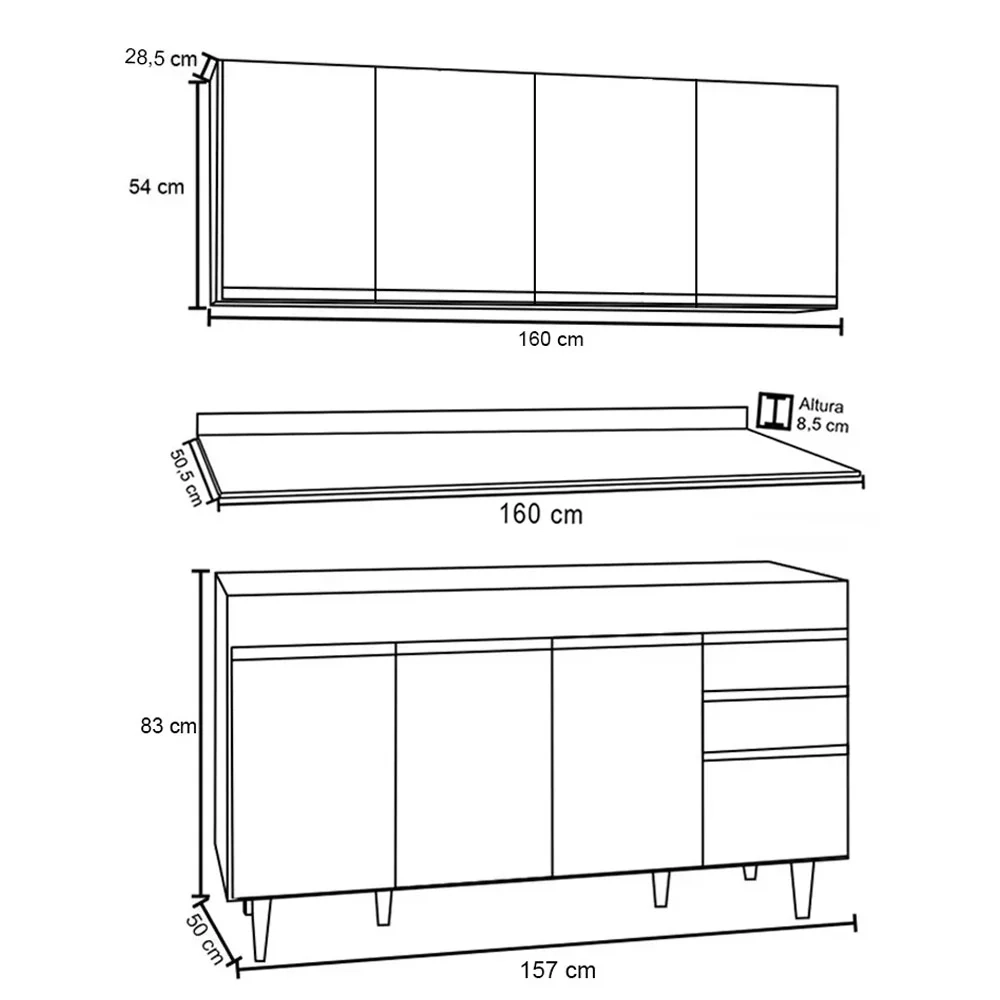 Armário Aéreo Nevada e Balcão para Pia com Tampo 160cm Arkansas Preto/Cinza - Lumil
