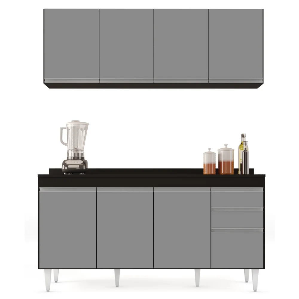 Armário Aéreo Nevada e Balcão para Pia com Tampo 160cm Arkansas Preto/Cinza - Lumil