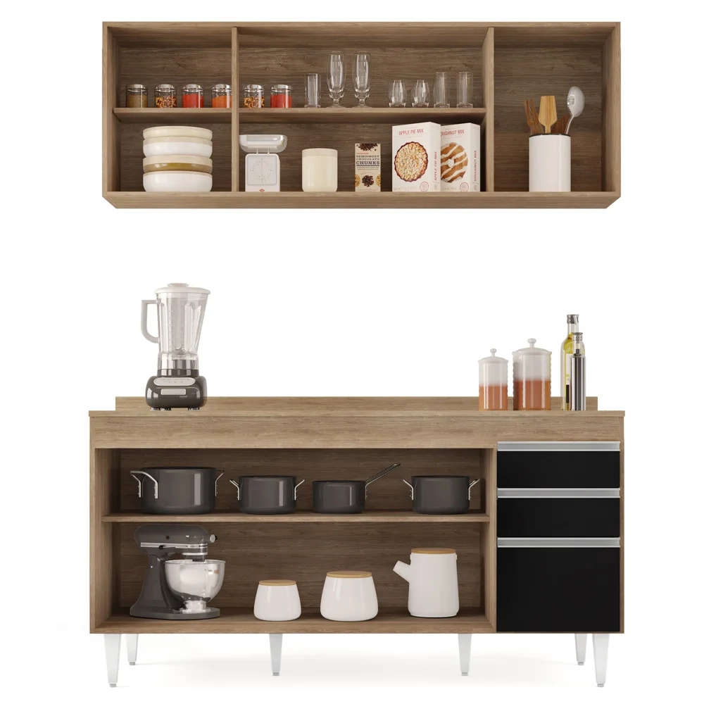 Armário Aéreo Nevada e Balcão para Pia com Tampo 160cm Arkansas Castanho/Preto - Lumil