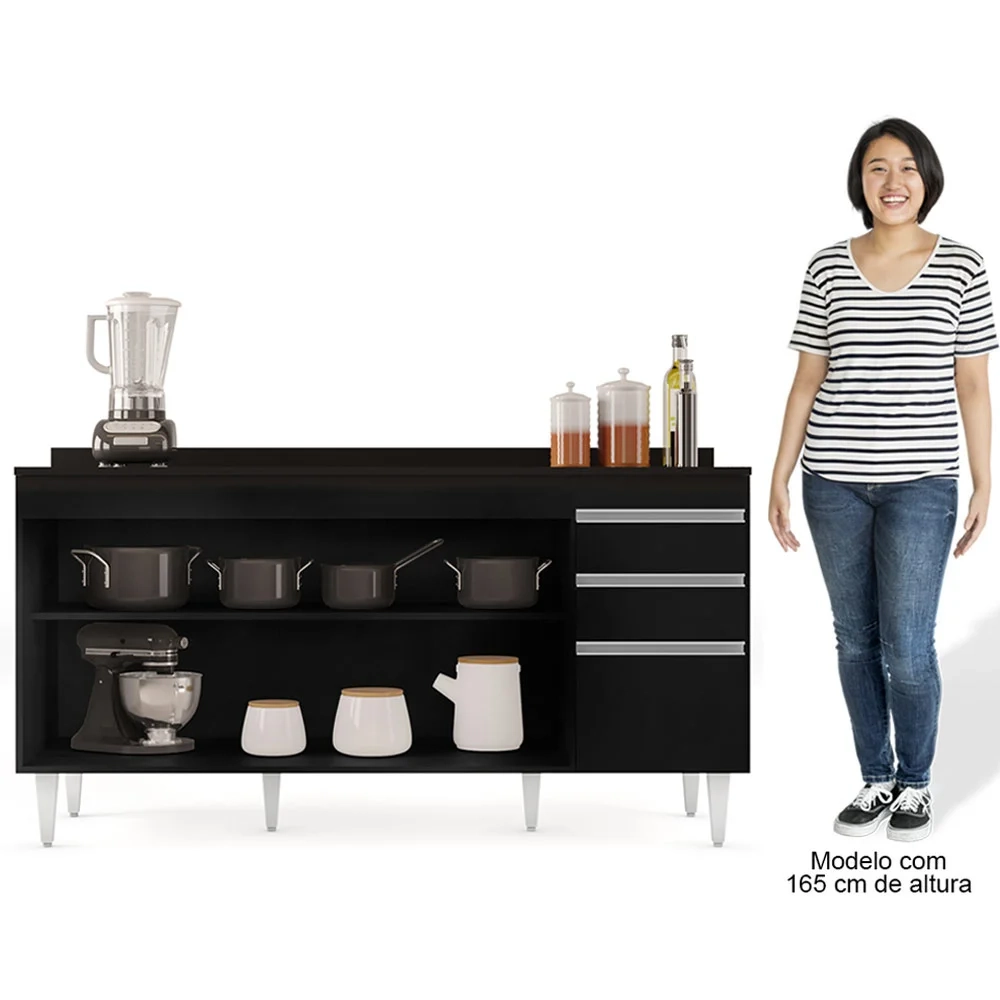 Balcão Gabinete para Pia com Tampo 160cm Arkansas Preto - Lumil