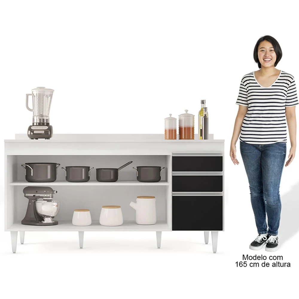 Balcão Gabinete para Pia com Tampo 160cm Arkansas Branco/Preto - Lumil