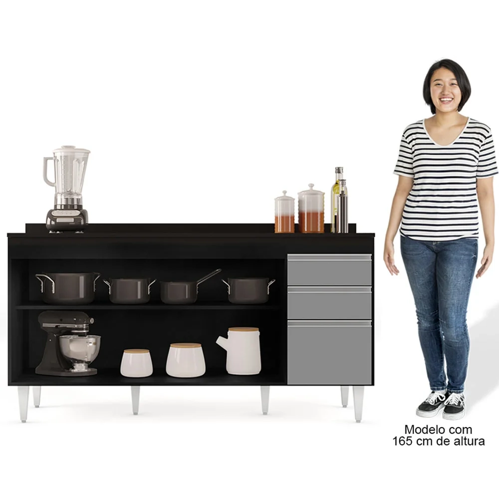 Balcão Gabinete para Pia com Tampo 160cm Arkansas Preto/Cinza - Lumil