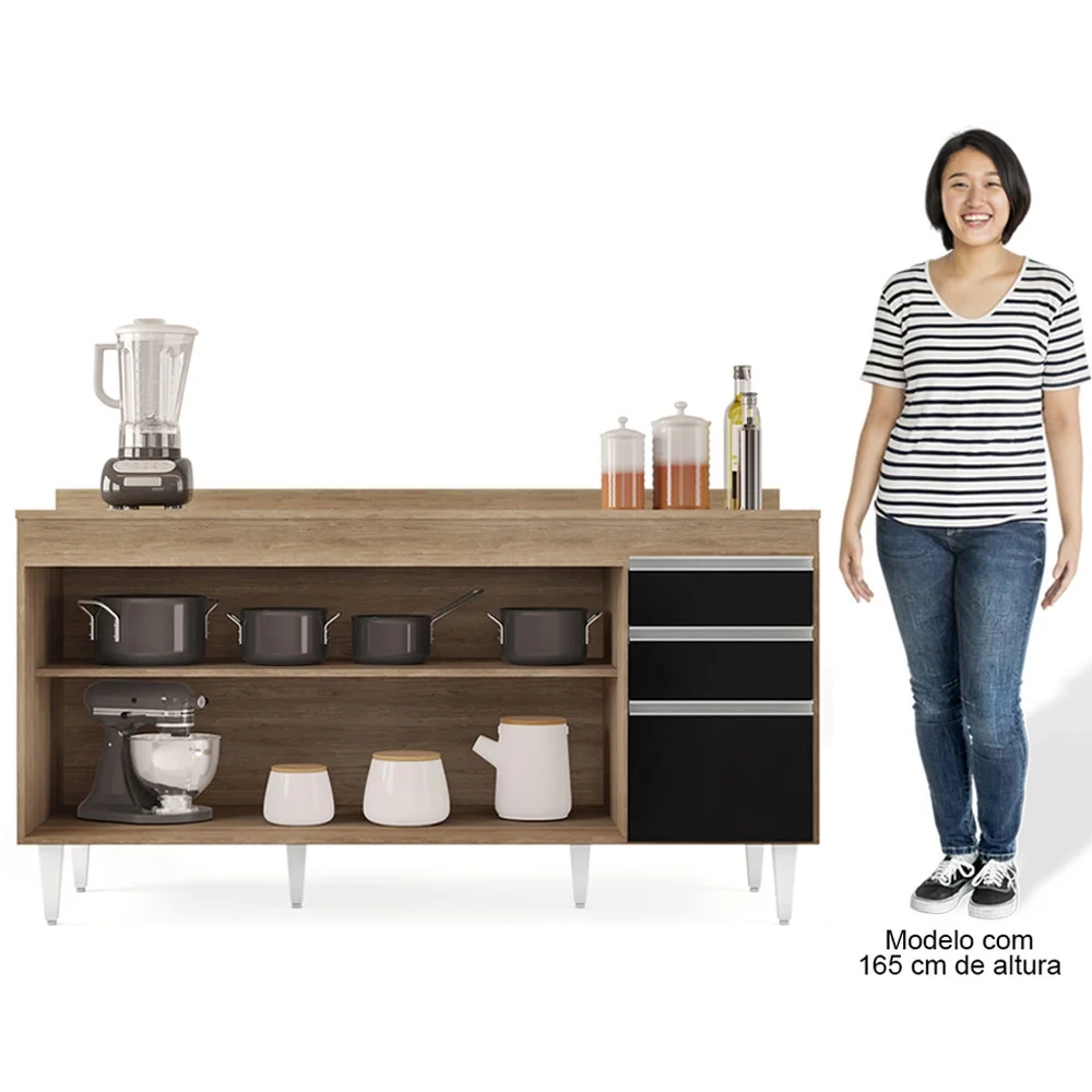 Balcão Gabinete para Pia com Tampo 160cm Arkansas Castanho/Preto - Lumil