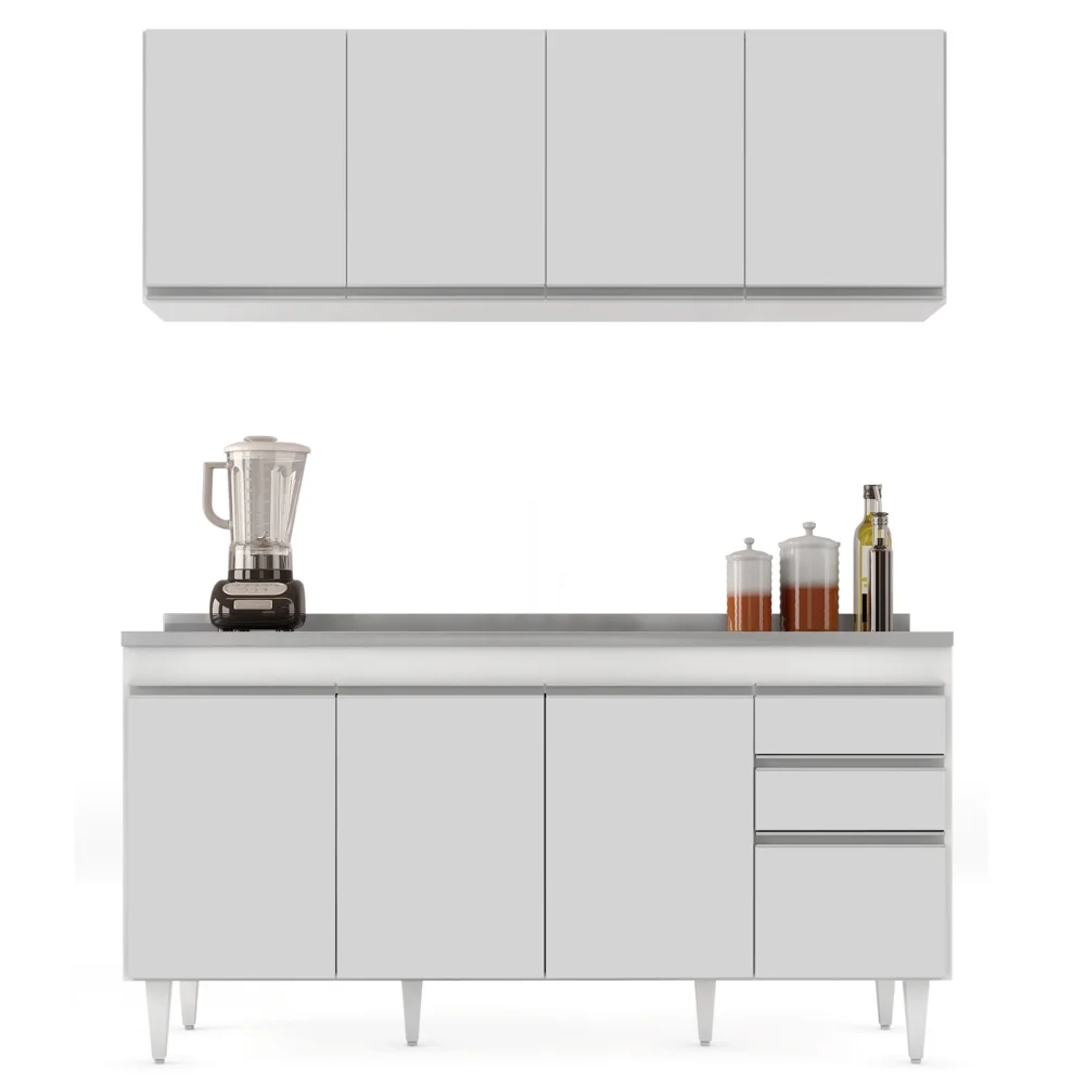 Armário Aéreo Nevada e Balcão Gabinete com Pia 160cm Arkansas Branco - Lumil