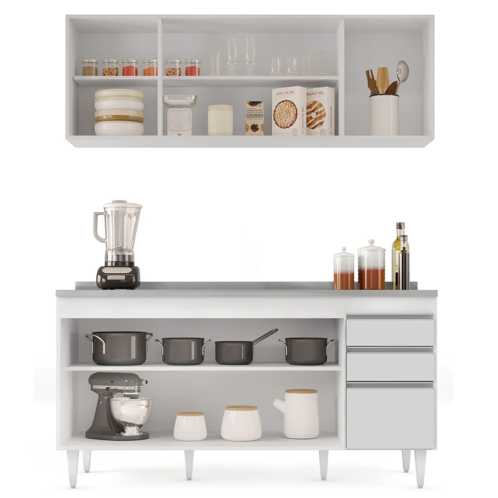 Armário Aéreo Nevada e Balcão Gabinete com Pia 160cm Arkansas Branco - Lumil