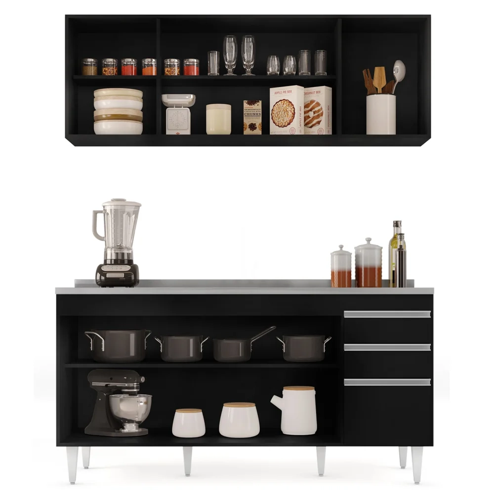 Armário Aéreo Nevada e Balcão Gabinete com Pia 160cm Arkansas Preto - Lumil