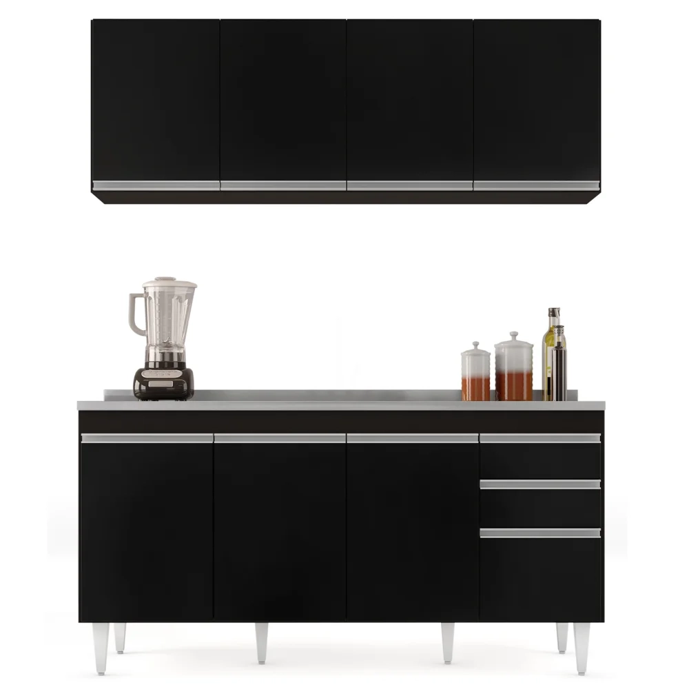 Armário Aéreo Nevada e Balcão Gabinete com Pia 160cm Arkansas Preto - Lumil