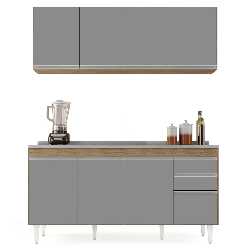 Armário Aéreo Nevada e Balcão Gabinete com Pia 160cm Arkansas Castanho/Cinza - Lumil