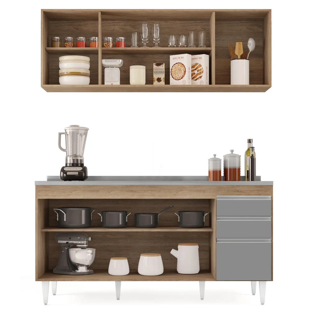 Armário Aéreo Nevada e Balcão Gabinete com Pia 160cm Arkansas Castanho/Cinza - Lumil